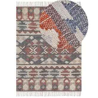 Beliani Alfombra De Yute Beige Marr&oacute;n Rojo Azul 160 X 230 Cm A Mano Geom&eacute;trico Borlas Kalfa