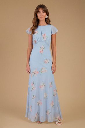Oasis Womens Orchid Floral Printed Waterfall Maxi Dress - Pale Blue - Size 12 UK