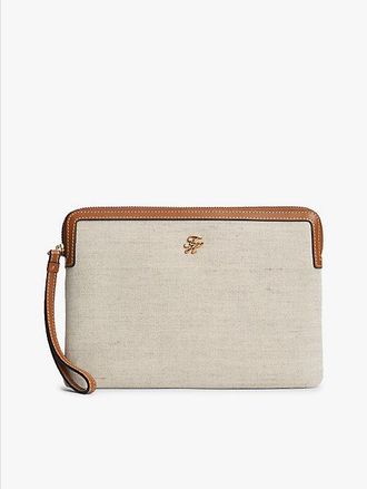 Tommy Hilfiger Logo Leather Trim Canvas Pouch