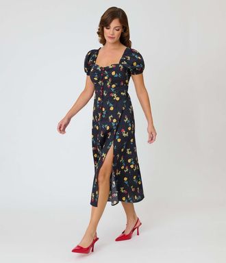 Unique Vintage Sweetheart Midi Dress in Black Floral Print at Nordstrom, Size X-Small