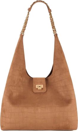 Elisabetta Franchi Brown Suede Hobo Bag With Crocodile Embossing And Chain Detail