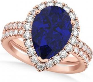 Allurez Lab Blue Sapphire & Lab Grown Diamonds Pear-Cut Halo Bridal Set 14K Rose Gold (3.28ct)
