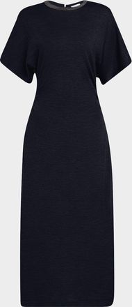 Brunello Cucinelli Monili-Neck Short-Sleeve Gathered Wool Jersey Midi T-Shirt Dress