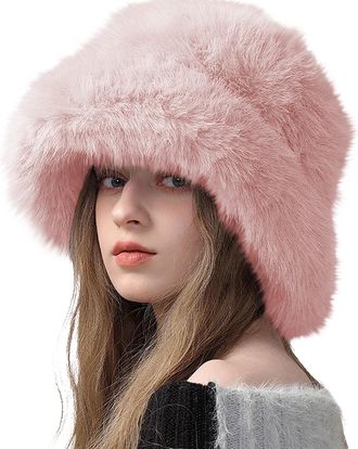 Generic Winter Fuzzy Bucket Hat for Women, Ladies Fluffy Snow Fur Russian Ushanka Hat, Fuzzy Fisherman Cap Warm Cute Pink