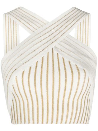 Balmain cross-over knitted crop top - Neutrals