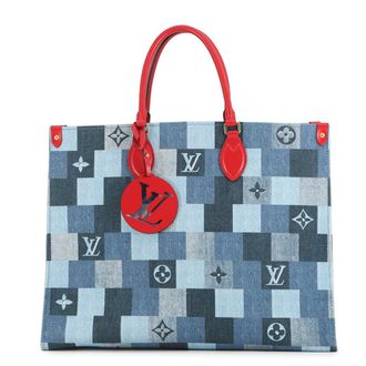 Louis Vuitton Blue Red Color Monogram Denim Leather Tote Bag (Pre-Owned)