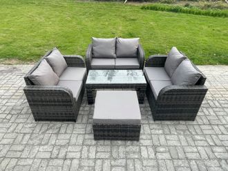 Fimous 6 Seater Rattan Garden Furniture Set Indoor Outdoor Patio Sofa Set with Coffee Table Love seat Sofa 2 Side Tables Dark Grey Mixed
