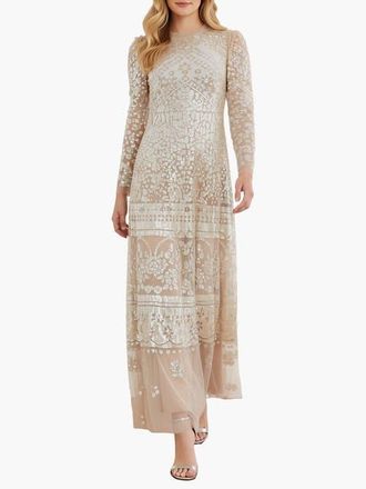 Needle & Thread Aurora Long Sleeve Round Neck Gown in Butterscotch/Gold at Nordstrom, Size 12