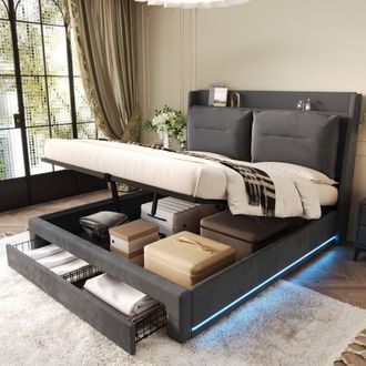 Merax 4ft6 Double Velvet LED Ottoman Storage Bed with Cushion Headboard in Grey