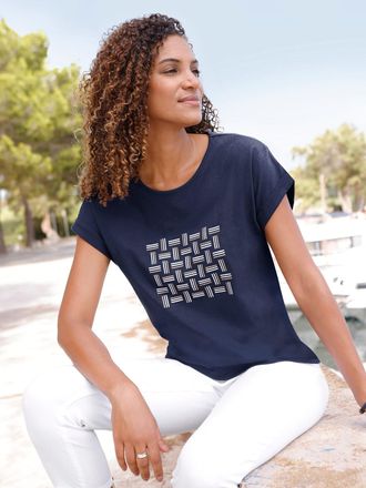 Casual Looks Kurzarmshirt CASUAL LOOKS Shirt, Damen, Gr. 36, marine, ecru, bedruckt, 100% Baumwolle, gemustert, mehrfarbig, Rundhals, Shirts Kurzarmshirt