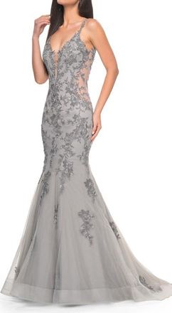 La Femme Mermaid Prom Gown with Illusion Sides and Lace Applique in Silver at Nordstrom, Size 12