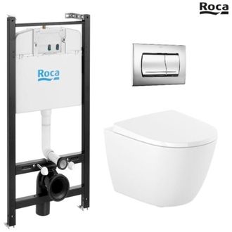 Roca Roca - Bastidor Active Pack Cisterna Empotrada Y Pulsador Pvc Cromo Brillo Con Inodoro Suspendido Rimless Ona Blanco
