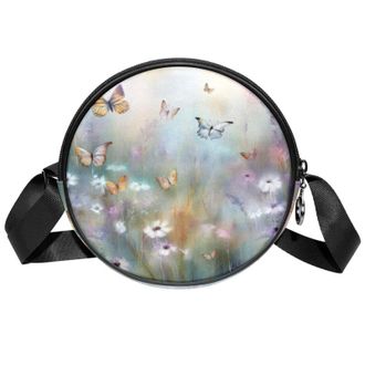 Generic Circle Crossbody Bag for Women, Butterflies Small Sling Bag Daypack with Zipper Adjustable Shoulder Straps Casual Ladies Girls Round Purse