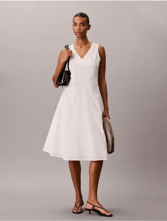 Calvin Klein Womens Broderie Midi Dress - White - M