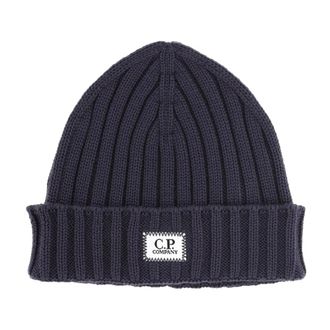 C.P. Company Beanies, male, Gray, Size: ONE SIZE Cuffia a coste in lana con logo frontale