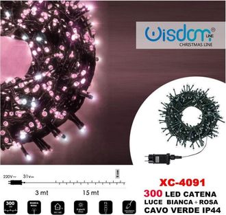Trade Shop Trade Shop - Catena Luminosa 300 Luci Led Luci Lights Bianca + Rosa Cavo Verde Ip44 Xc-4091
