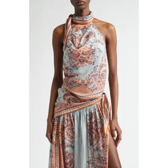 Zimmermann Aster Paisley Scarf Tie Silk Halter Top in Blue Paisley Floral at Nordstrom, Size 1
