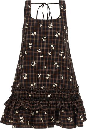 Ganni Check Flower Mini Jurk - Dames - Korte kleedjes - Bruin - M - Katoen - Kleedjes