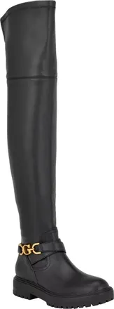 Guess Jellio Boots Womens Black Faux Leather Over The Knee Lug Sole LION295