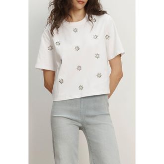 Veronica Beard Sebastian Floral Embellished Stretch Cotton T-Shirt in White at Nordstrom, Size X-Small