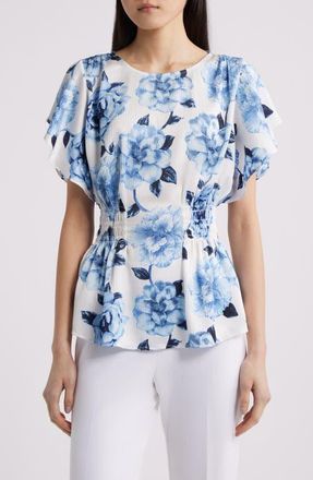 Anne Klein Flutter Sleeve Smock Waist Top in Crisp White Multi at Nordstrom, Size Xx-Small