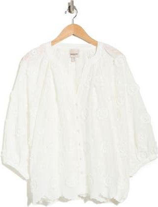JANE + MERCER Floral Elbow Sleeve Cotton Button-Up Top in White at Nordstrom Rack, Size 1 X
