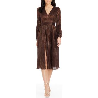 Dress The Population Holly Long Sleeve Metallic Pliss&eacute; Dress in Mocha at Nordstrom Rack, Size Xx-Large