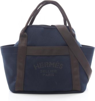 Herm&egrave;s Brown Navy Canvas Toile Chevron Tote Bag (Pre-Owned)