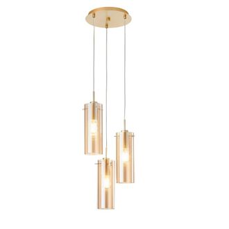 Luce-Ambiente-Design L&aacute;mpara de techo en metal dorado con tres pantallas de vidrio &aacute;mbar