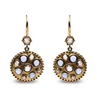 House of Brilliance 18K Gold 1 2/3 Cttw Diamond and Blue Sapphire Gemstone Medallion Dangle Earrings in Yellow at Nordstrom