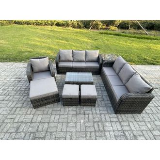 Fimous 10 Seater Rattan Lounge Sofa Set Outdoor Garden Furniture Set with Rectangular Coffee Table 3 Seater Sofa 3 Footstools 2 Side Tables Dark Grey Mixed