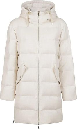Eleventy Lange gewatteerde jas met capuchon en breiwerk - Dames - Dons jassen - Beige - S - Wol - Jassen