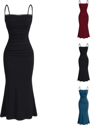 Generic Summer Dresses for Women UK Sexy Sleeveless Bodycon Pencil Long Dresses Spaghetti Strap Ruched Solid Slim Fit Y2K Fishtail Evening Party Cocktail Maxi