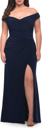 La Femme Matte Jersey Long Plus Dress with Ruching and Slit in Navy at Nordstrom, Size 22W