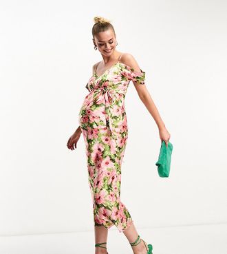 Hope & Ivy Maternity Vestito in raso rosa a fiori con spalle scoperte e gonna al polpaccio-Multicolore