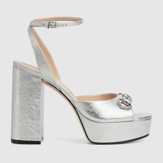 Gucci Womens Horsebit Platform Sandal, Silver, Leather