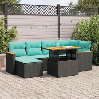 vidaXL Vidaxl Set De Sof&aacute;s De Jard&iacute;n 7 Pzas Con Cojines Rat&aacute;n Sint&eacute;tico Negro