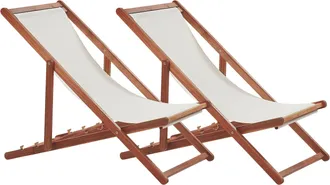 Beliani Conjunto De 2 Tumbonas De Jard&iacute;n De Tela Blanco Crema Madera De Acacia Reclinable Plegable Marr&oacute;n Oscuro Anzio
