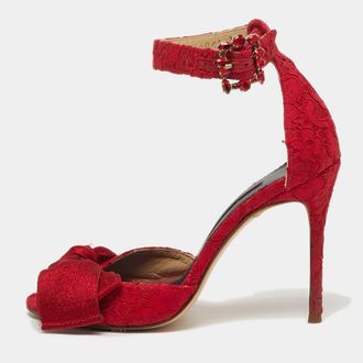 Carolina Herrera Size 36 Red Lace And Satin Bow Ankle Strap Sandals