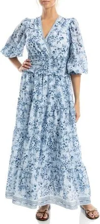 Max Studio Surplice Neck Smocked Waist Maxi Dress in Blue/Chambray at Nordstrom Rack, Size X-Small