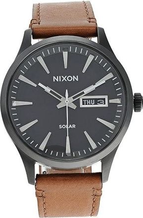 Nixon Sentry Solar Leather Mens Watches Gunmetal, Stainless Steel/Leather