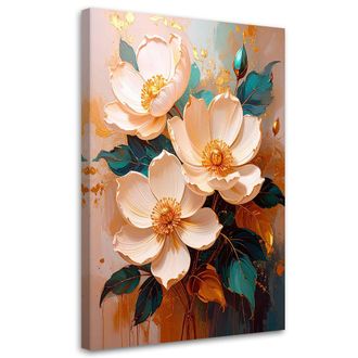 Feeby Cuadro En Lienzo Flores Color Crema Con Hojas Turquesa Sobre Fondo Calido 80x120