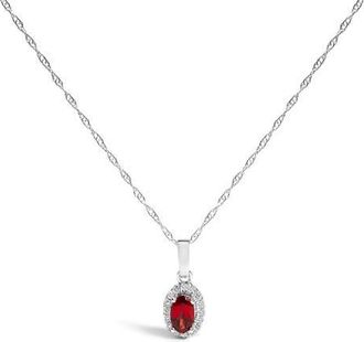 House of Brilliance 10K White Gold 5x3mm Gemstone and Diamond Accent Halo Oval Shape 18 Pendant Necklace in Red Garnet | White at Nordstrom