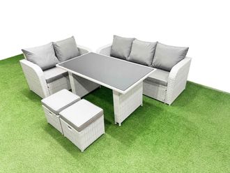 Fimous Garden Furniture Set with Rectangular Dining Table 2 Small Stools in Light Grey