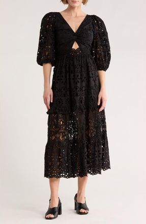 Asos Edition Broderie Anglaise Twist Front Midi Dress in Black at Nordstrom Rack, Size 6 Us / 10 Uk