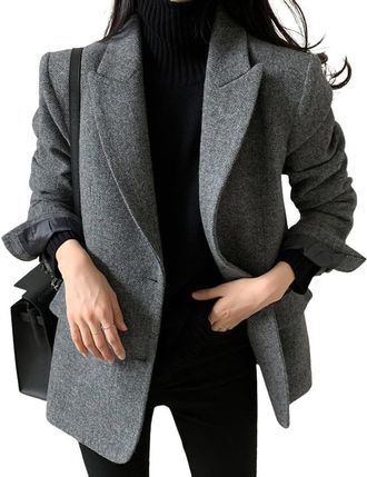 Generic Womens Fall and Winter Fashion Casual Business Single-Breasted Wool Blend Blazer Elegant Business Casual Loose Career Wedding Guests Blazer (Grey,M)