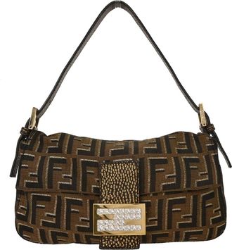 Fendi Baguette Bag Embroidered Leather Brown,Black Canvas,Leather Handbag (Pre-Owned)
