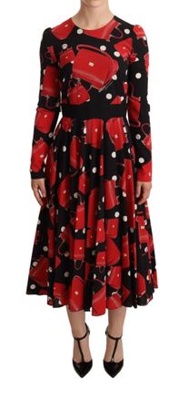 Dolce & Gabbana Womens Red Handbag Print Midi Dress - Black Silk - Size EU 38 (Womens)