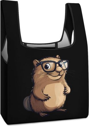 Generic Groundhog in Glasses Shopping Bag Reusable Grocery Tote Bag Foldable Handbag for Travel Picnic