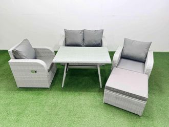 Fimous Light Grey PE Wicker Rattan Garden Furniture Set Reclining Chair Sofas